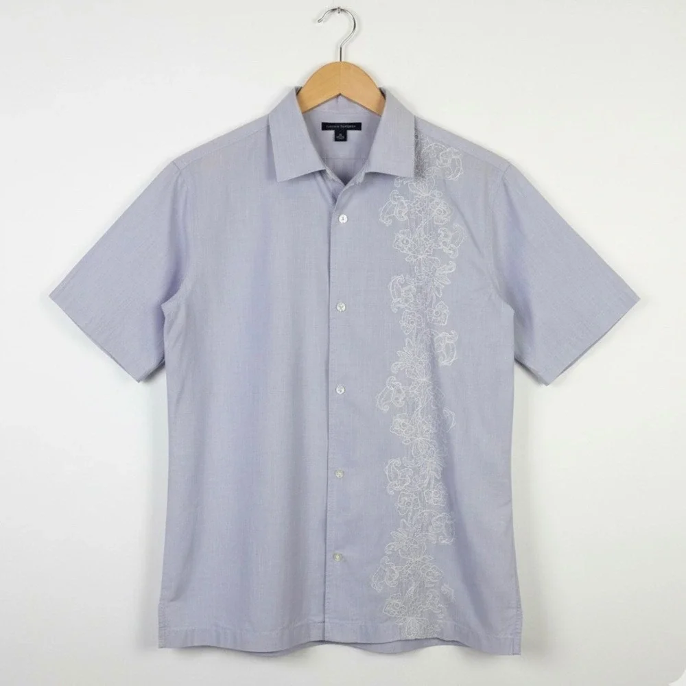 Banana Republic‎ Mens Short Sleeve Button Shirt Blue Floral Embroidery Small